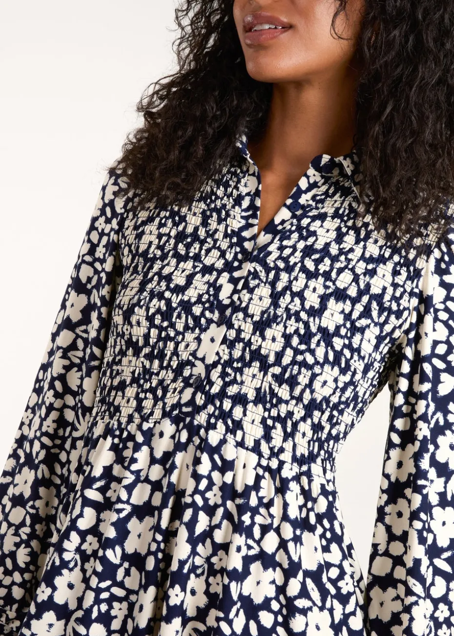 Blue Vanilla Navy Floral Shirred Midi Shirt Dress