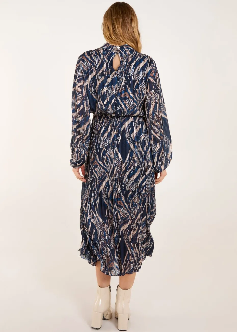 Blue Vanilla Navy High Neck Pleated Digital Wave Abstract Dress