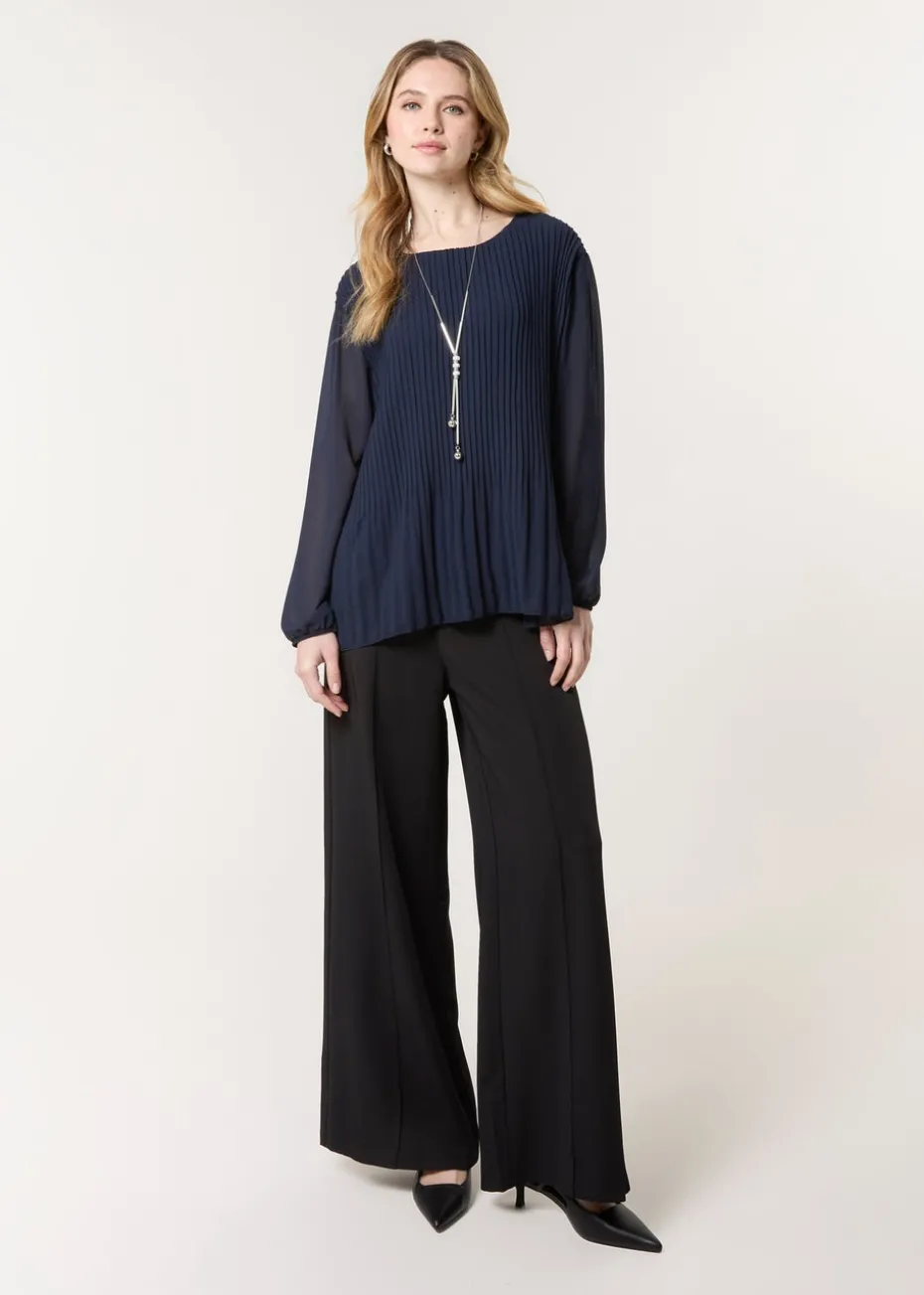 Blue Vanilla Navy Long Sleeve Pleated Top