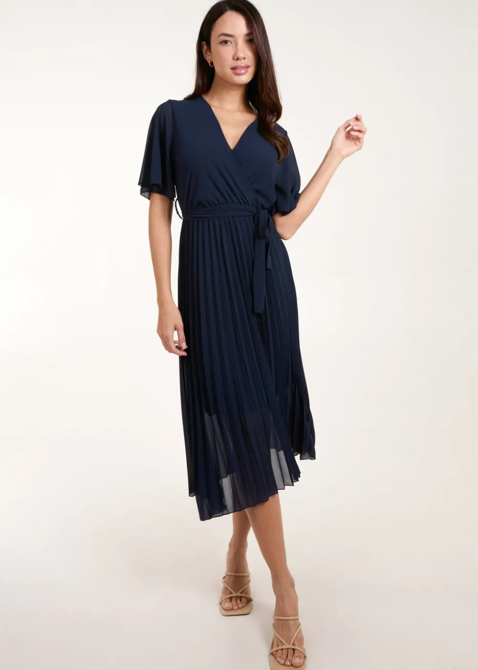 Blue Vanilla Navy Pleated Wrap Over Belted Dress