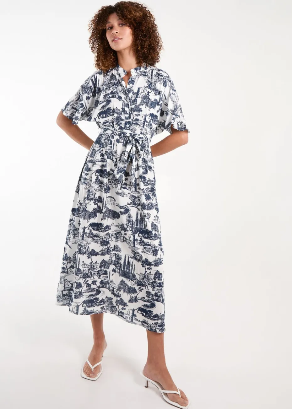 Blue Vanilla Navy Porcelain Printed Belted Shirt Dress