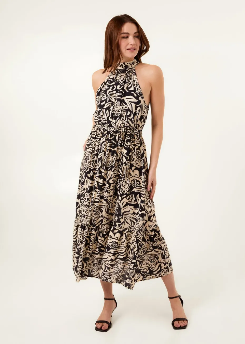 Blue Vanilla Navy Tropical Print Halter Neck Belted Waist Midi Dress