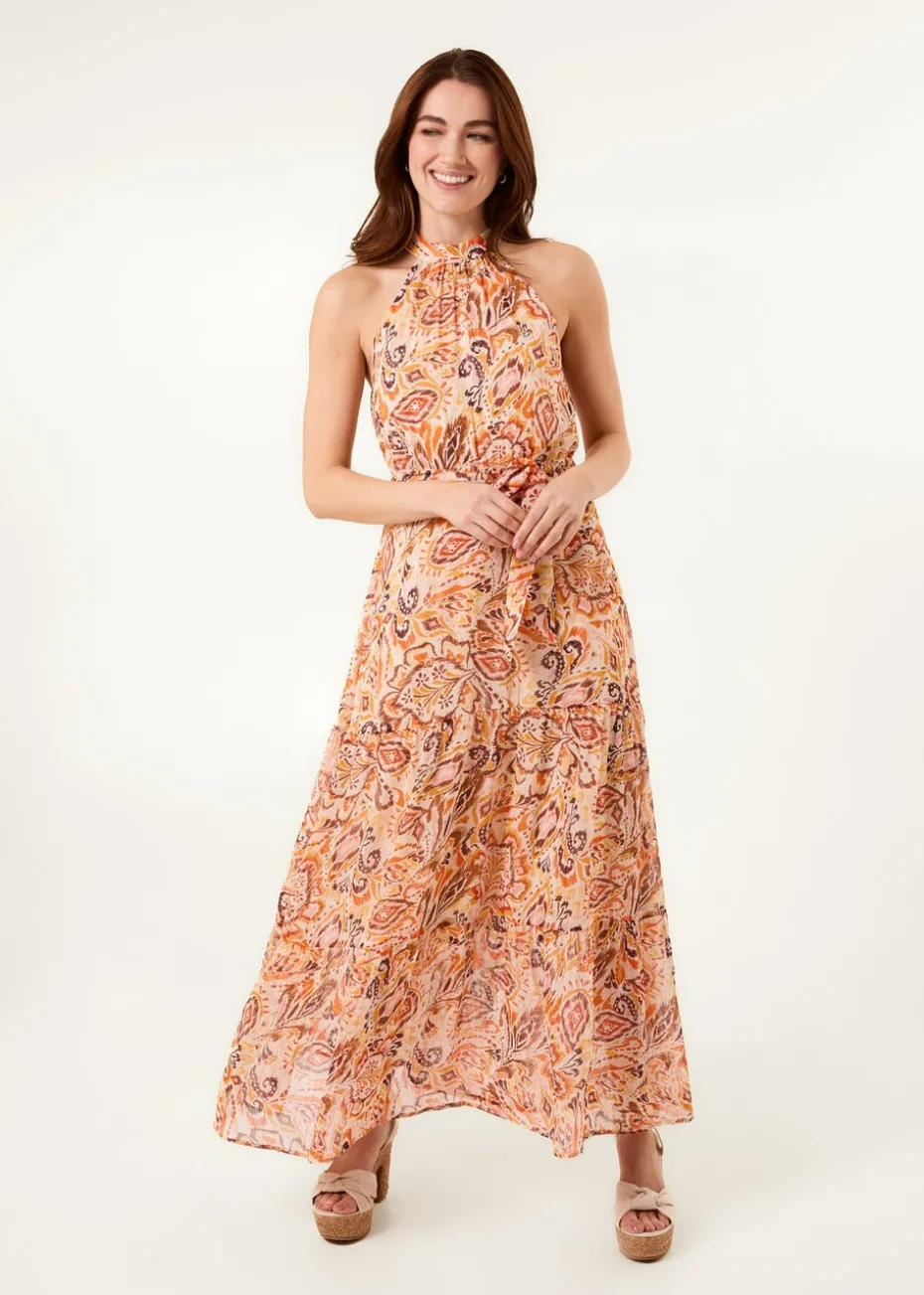 Blue Vanilla Orange Halter Neck Belted Waist Maxi Dress