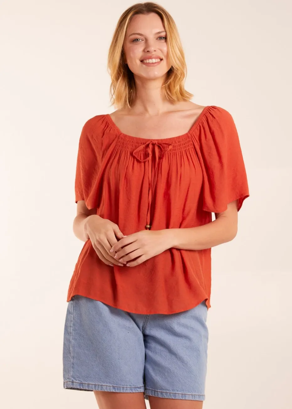 Blue Vanilla Orange Shirred At Front Swing Top