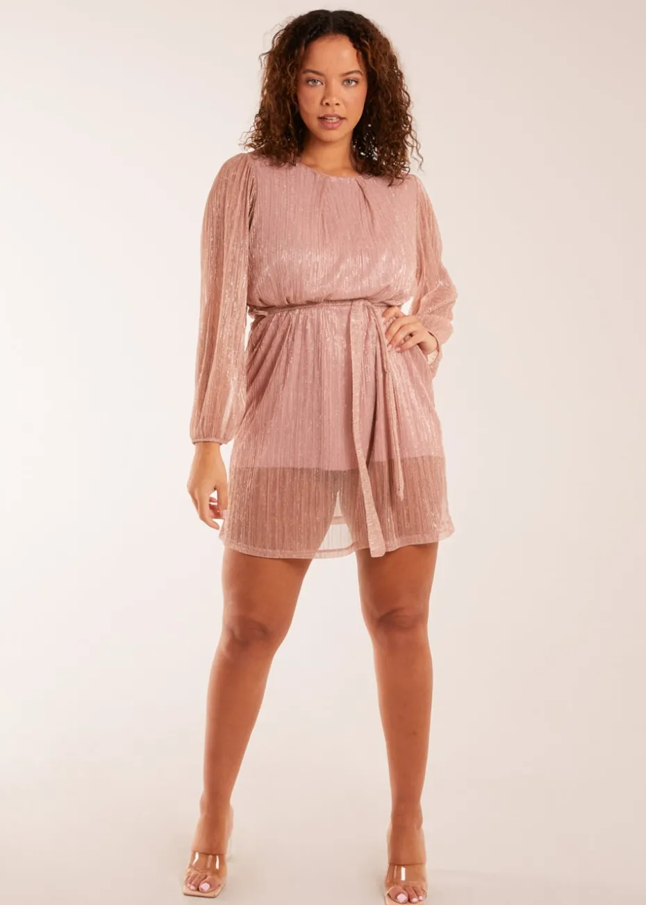 Blue Vanilla Pink Metallic Plisse Belted Dress