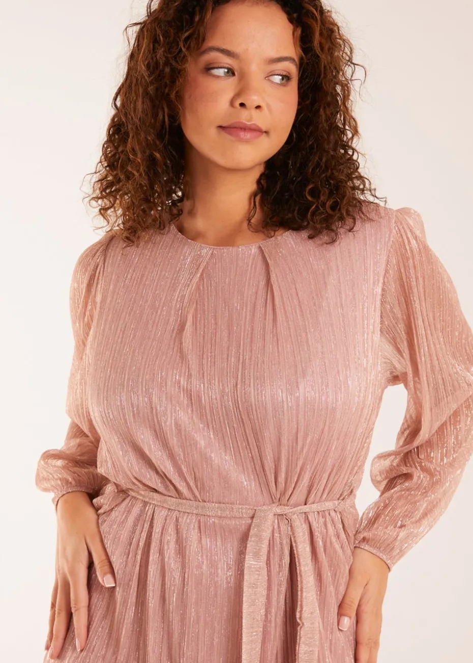Blue Vanilla Pink Metallic Plisse Belted Dress