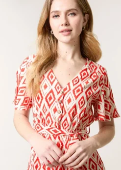Blue Vanilla Red Diamond Print Button Front Midi Dress