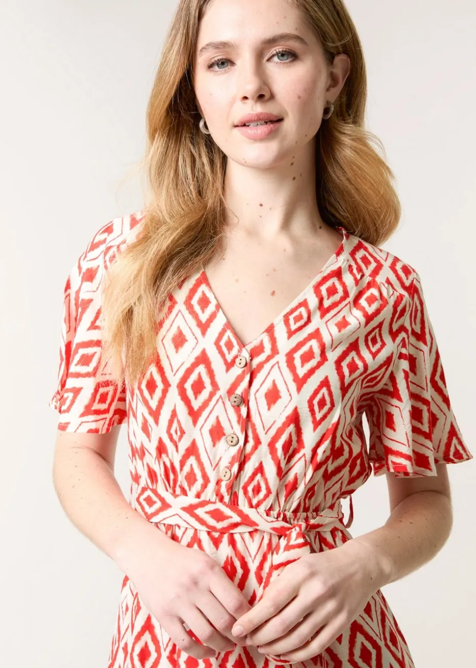 Blue Vanilla Red Diamond Print Button Front Midi Dress