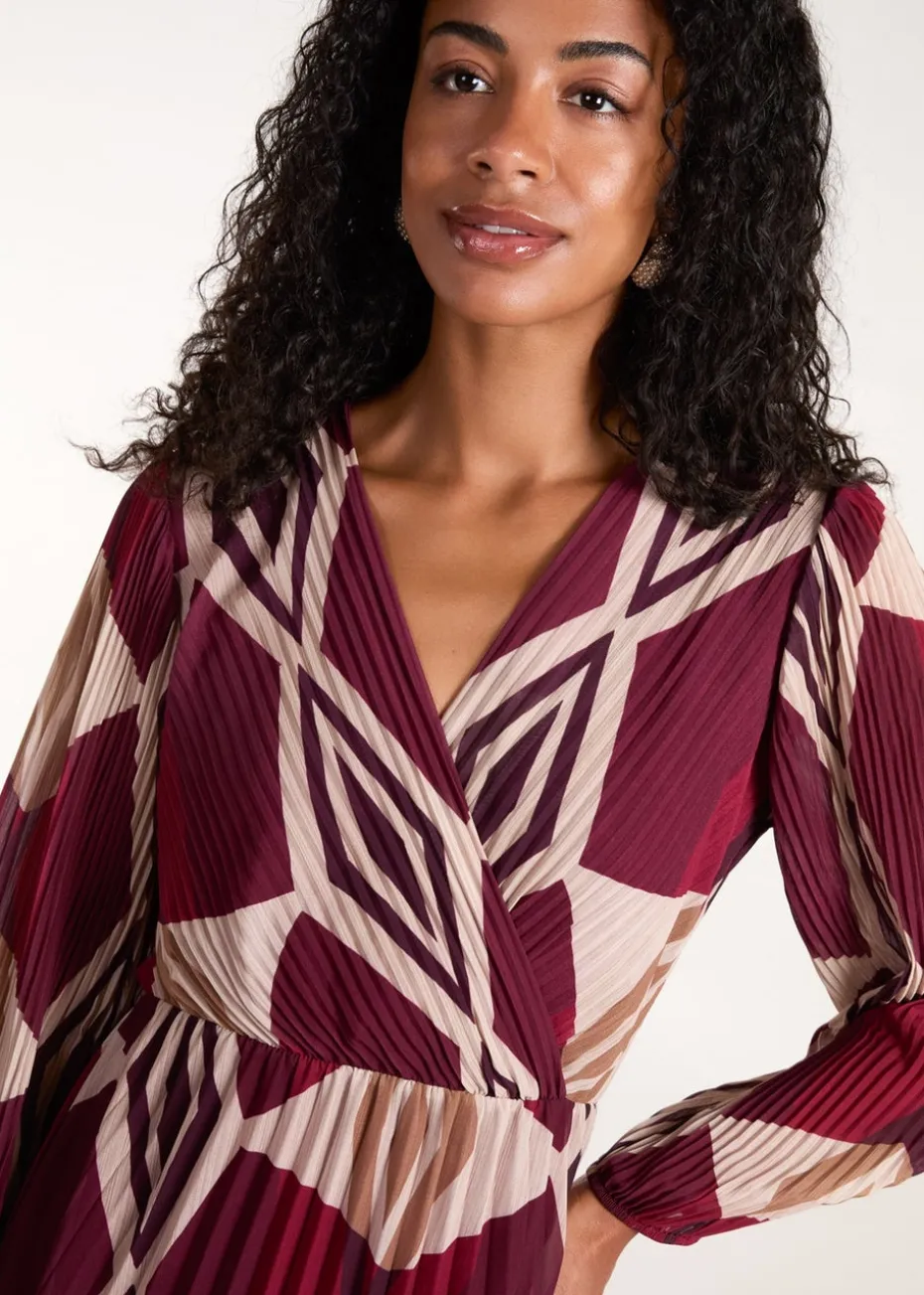 Blue Vanilla Red Wrap Front Pleated Geometric Maxi Dress