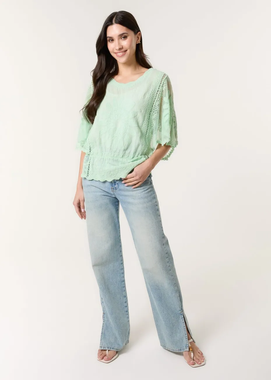Blue Vanilla Sage Sun Flower Lace Sleeve Blouse