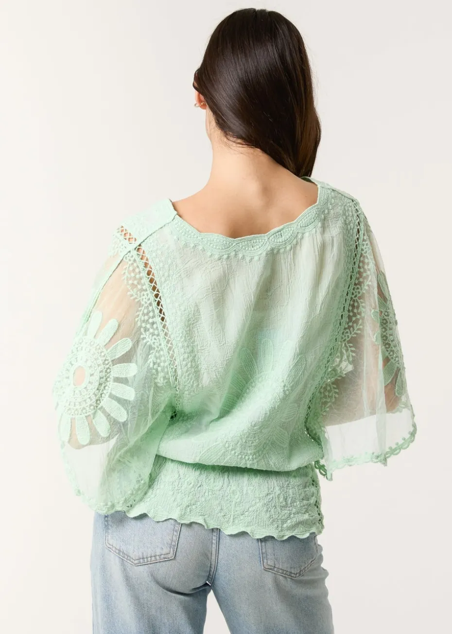 Blue Vanilla Sage Sun Flower Lace Sleeve Blouse