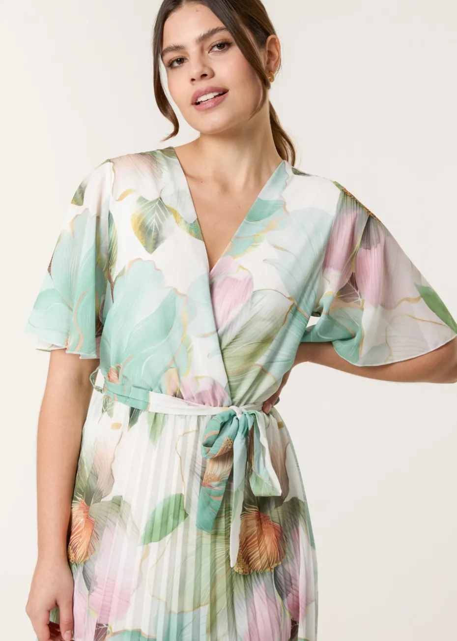 Blue Vanilla Sage Watercolour Floral Printed Wrap Front Pleated Dress