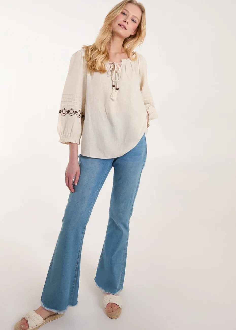 Blue Vanilla Stone Embroidered Pleat Sleeve Top
