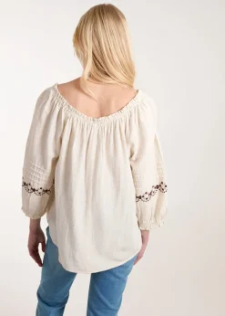 Blue Vanilla Stone Embroidered Pleat Sleeve Top