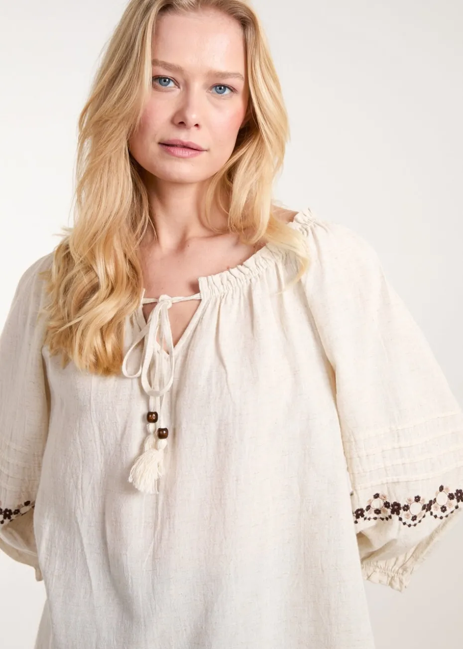 Blue Vanilla Stone Embroidered Pleat Sleeve Top