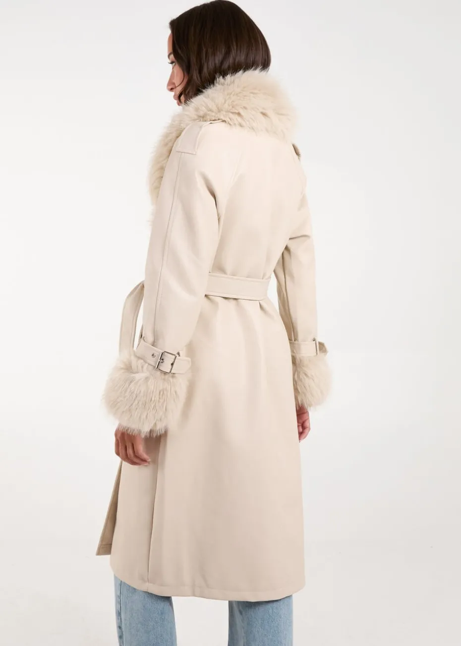 Blue Vanilla Stone Faux Fur Trim Double Breasted Pu Coat