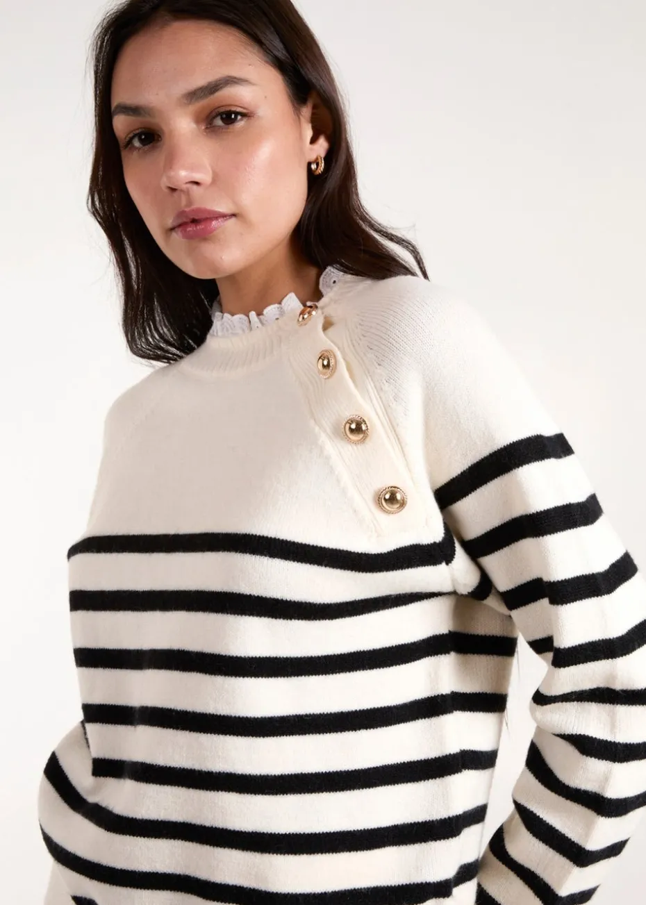 Blue Vanilla Stone Horizontal Stripes Shoulder Button Detailed Jumper