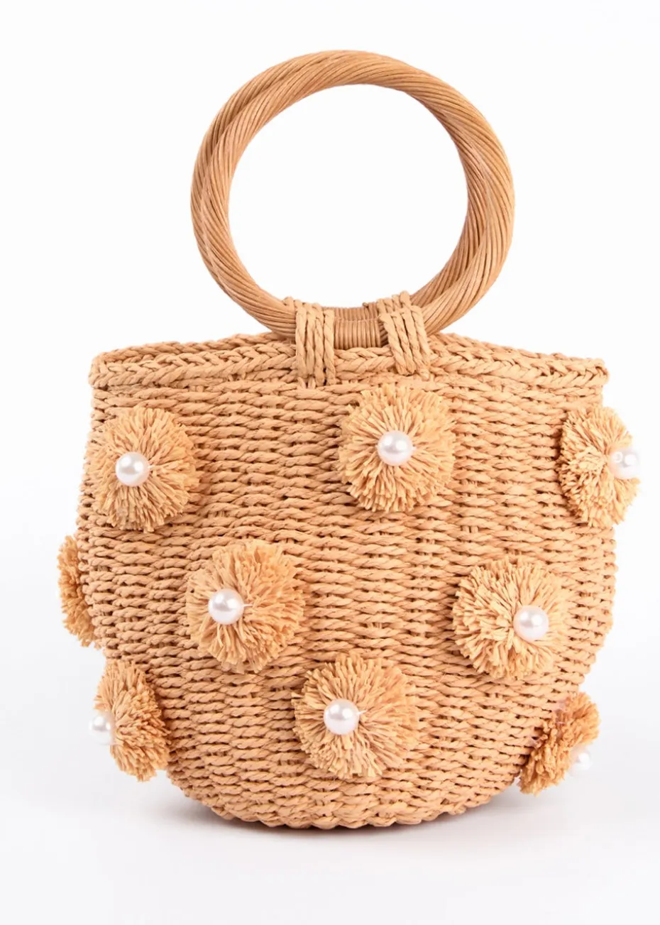 Blue Vanilla Stone Pearl Pompom Mini Woven Handbag