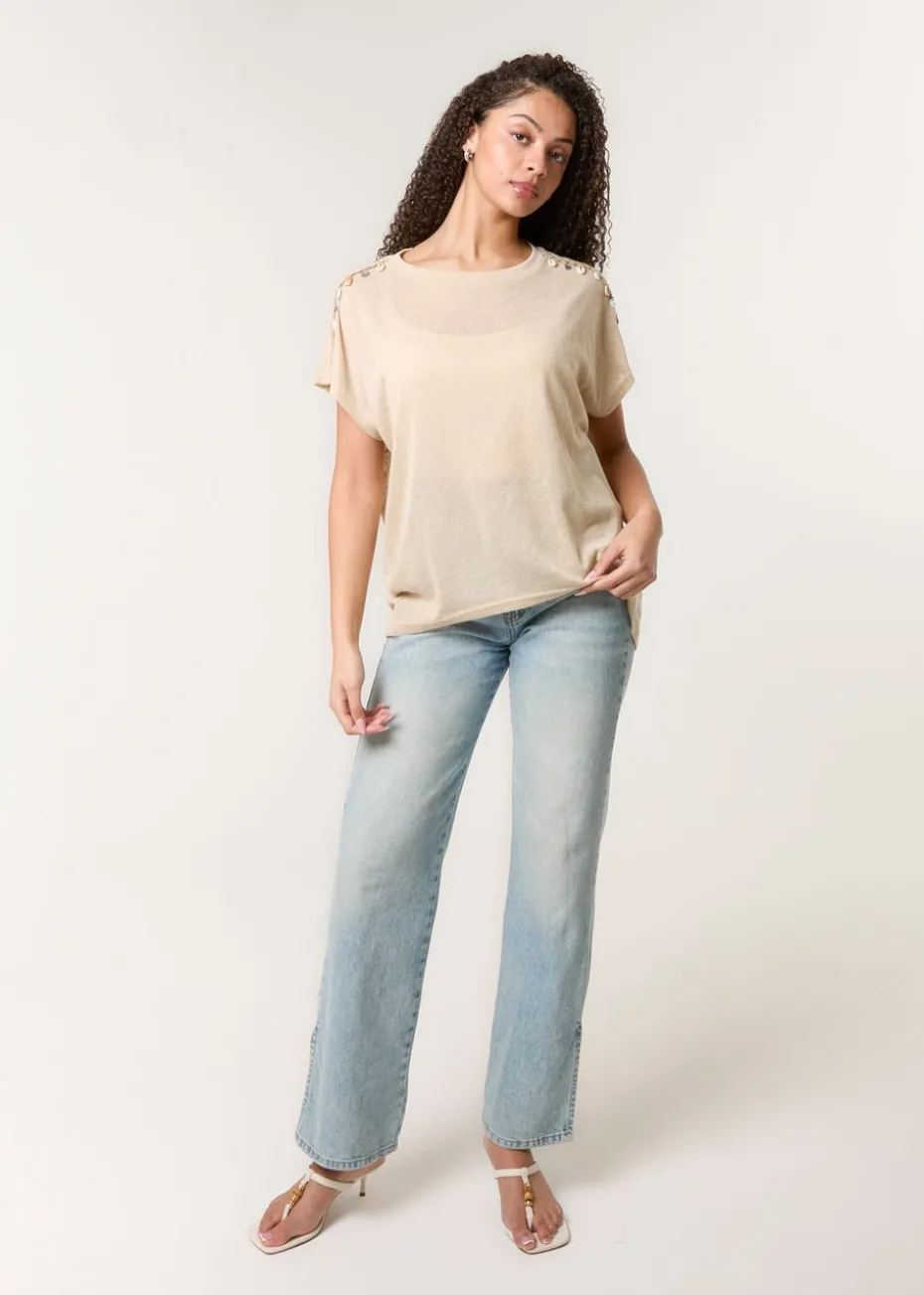 Blue Vanilla Stone Shell Trim Oversized Top
