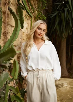 Blue Vanilla Stone Stripe Wide Leg Linen Trousers
