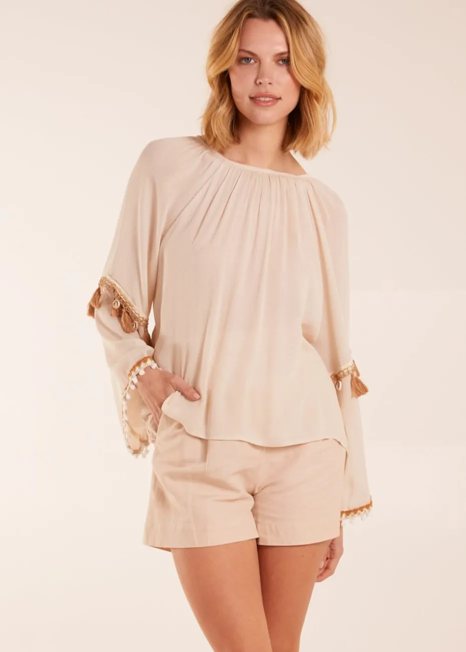 Blue Vanilla Stone Tassel Wide Sleeve Blouse