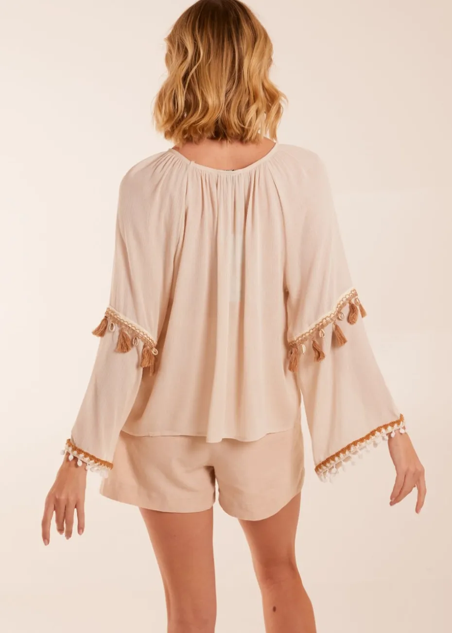Blue Vanilla Stone Tassel Wide Sleeve Blouse