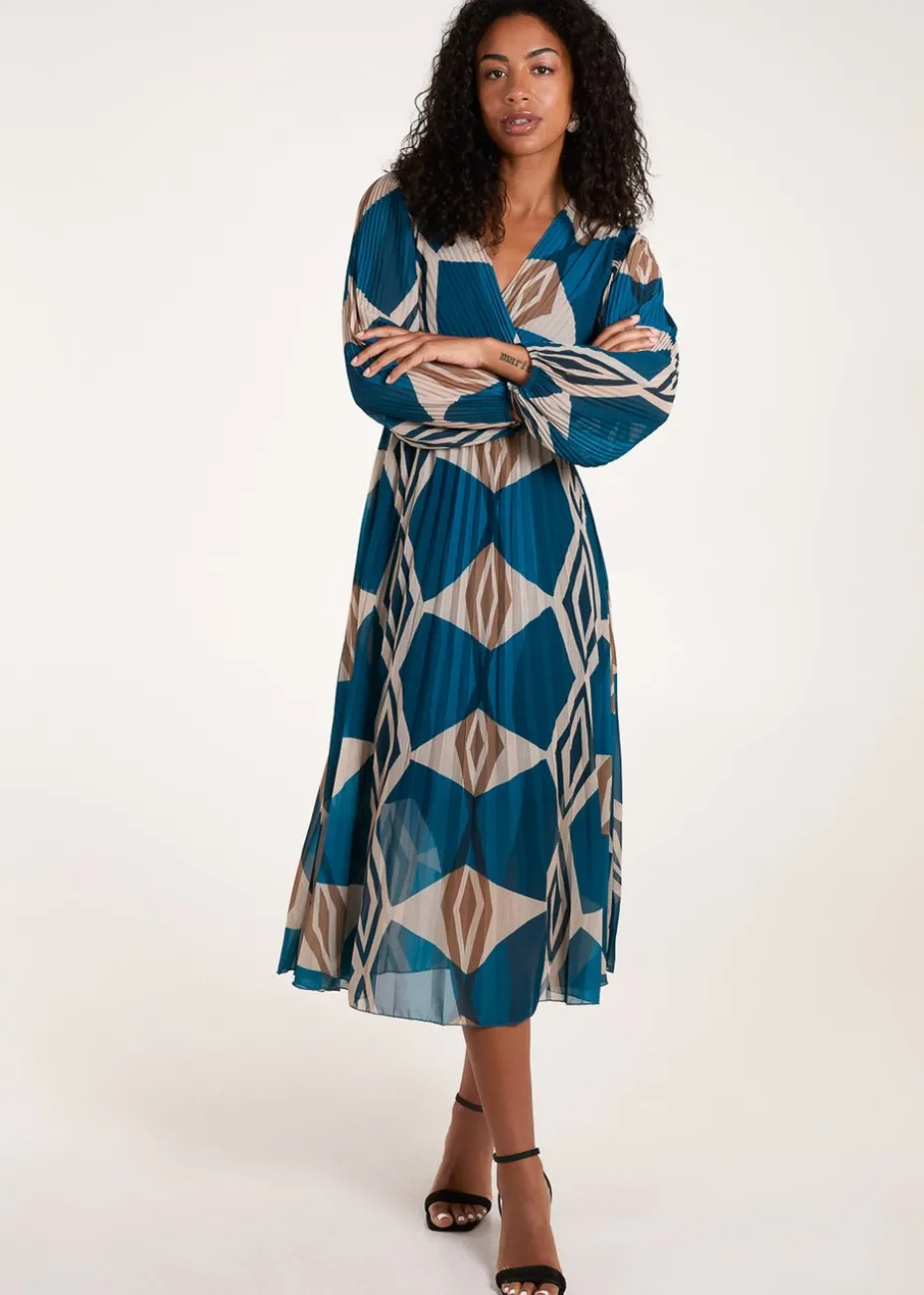 Blue Vanilla Teal Wrap Front Pleated Geometric Maxi Dress