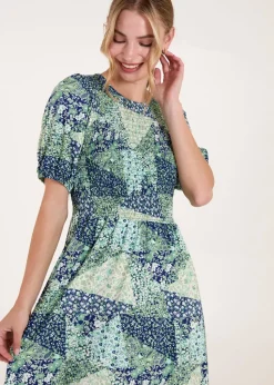 Blue Vanilla Turquoise Shirred Bust Puff Sleeve Patchwork Mini Dress