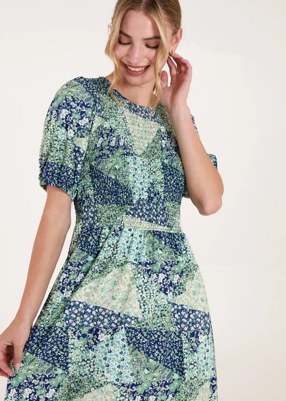 Blue Vanilla Turquoise Shirred Bust Puff Sleeve Patchwork Mini Dress