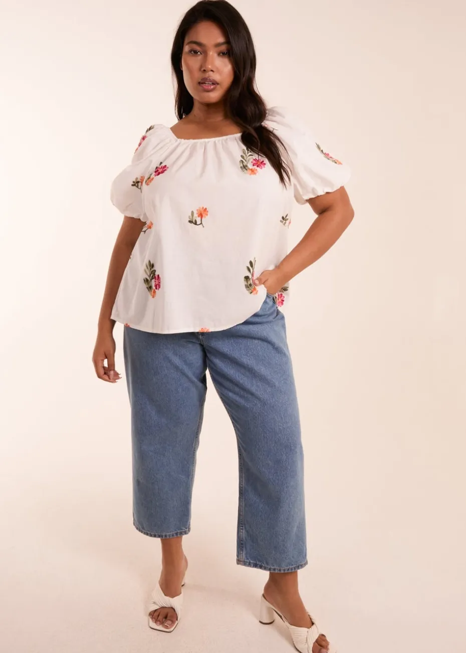 Blue Vanilla White Curve Milkmaid Flower Embroidered Top