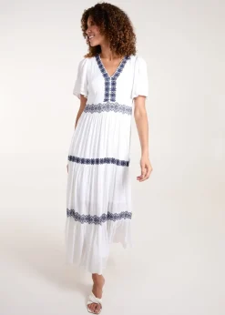Blue Vanilla White Embroidered Tiered Maxi Dress