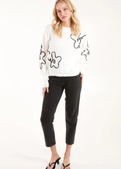 Blue Vanilla White Floral Pattern Sweater