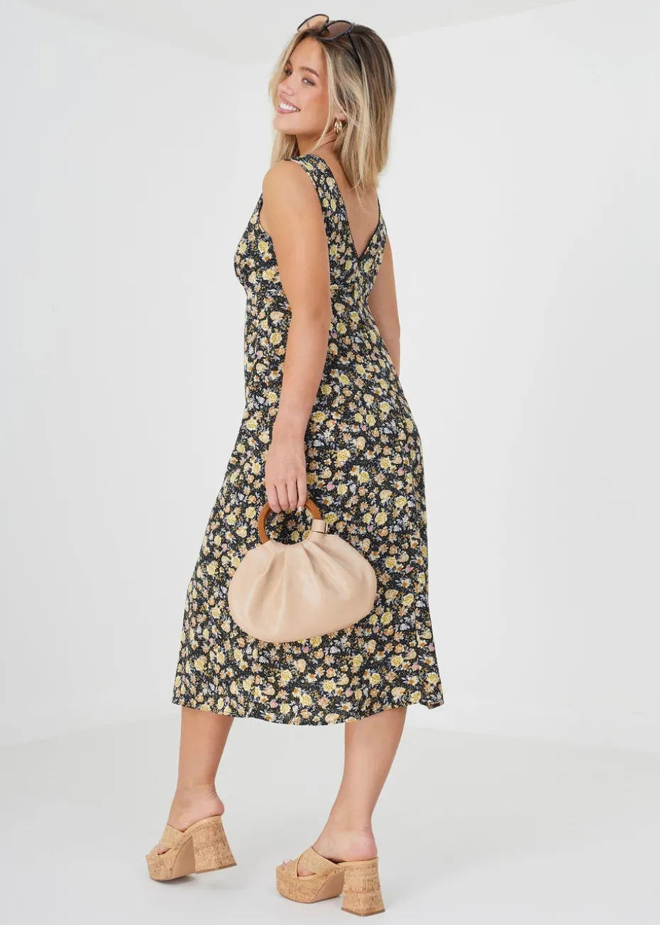 Brave Soul Black Sleeveless V-Neck Floral Midi Dress
