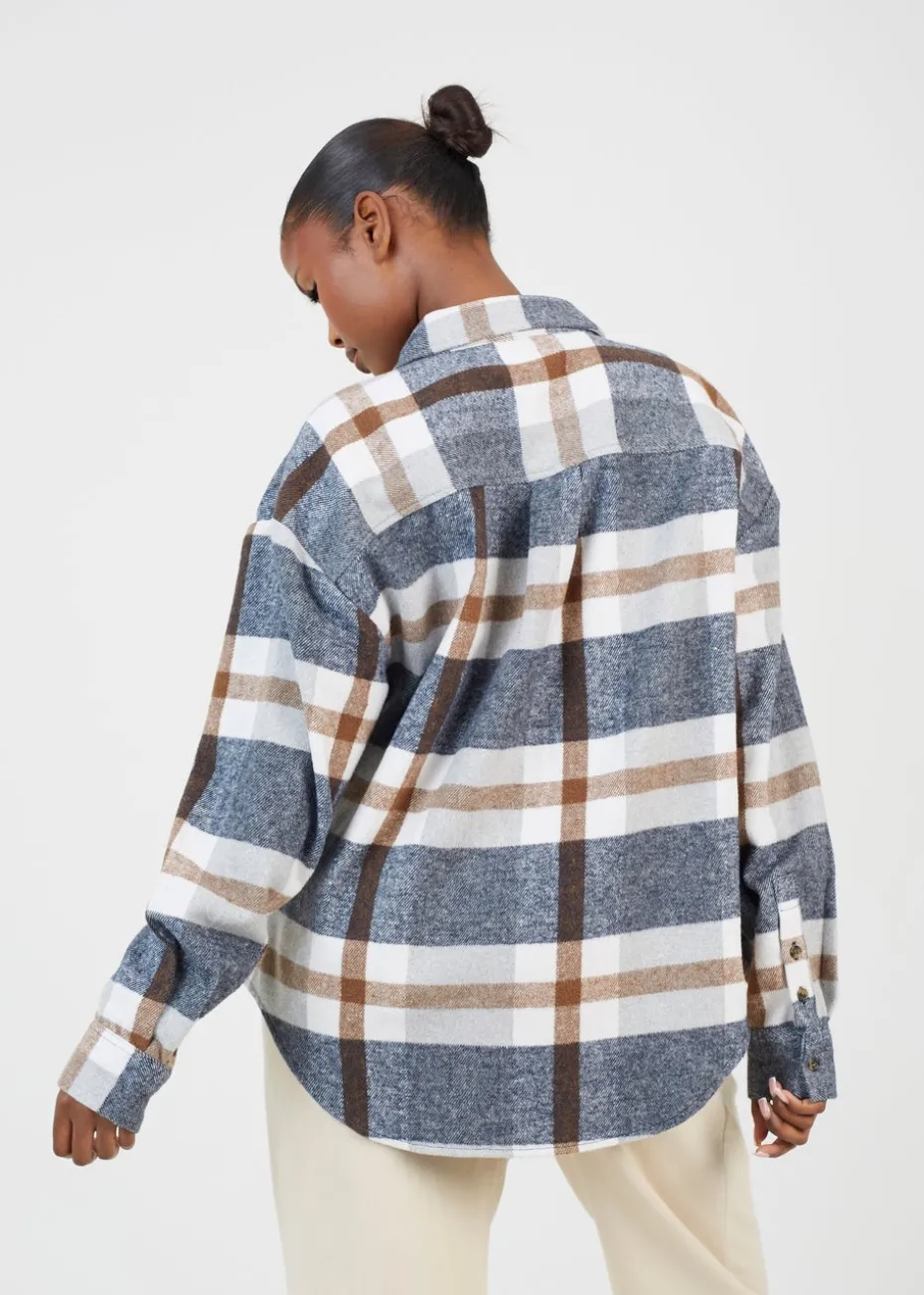 Brave Soul Brown Check Print Long Sleeve Fleece Shirt