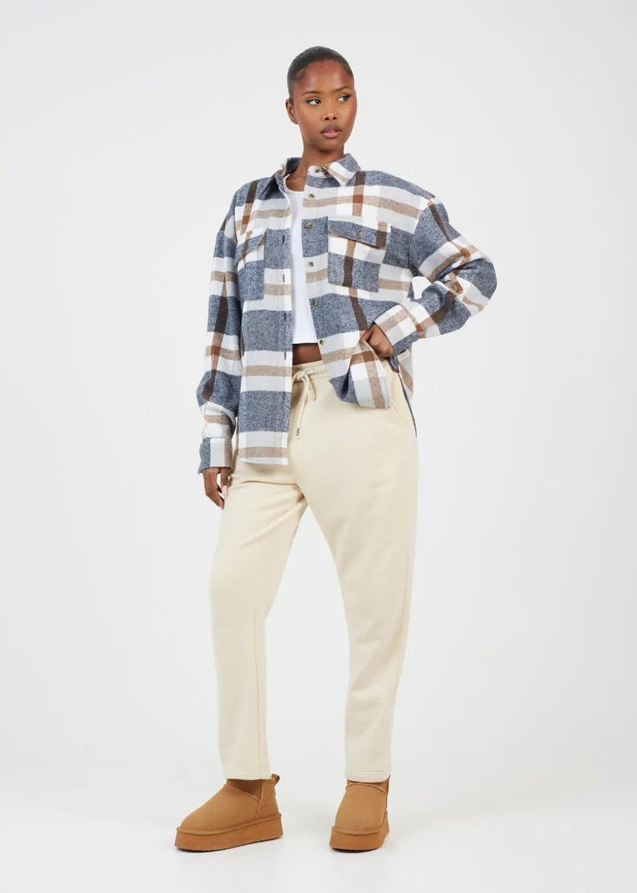 Brave Soul Brown Check Print Long Sleeve Fleece Shirt
