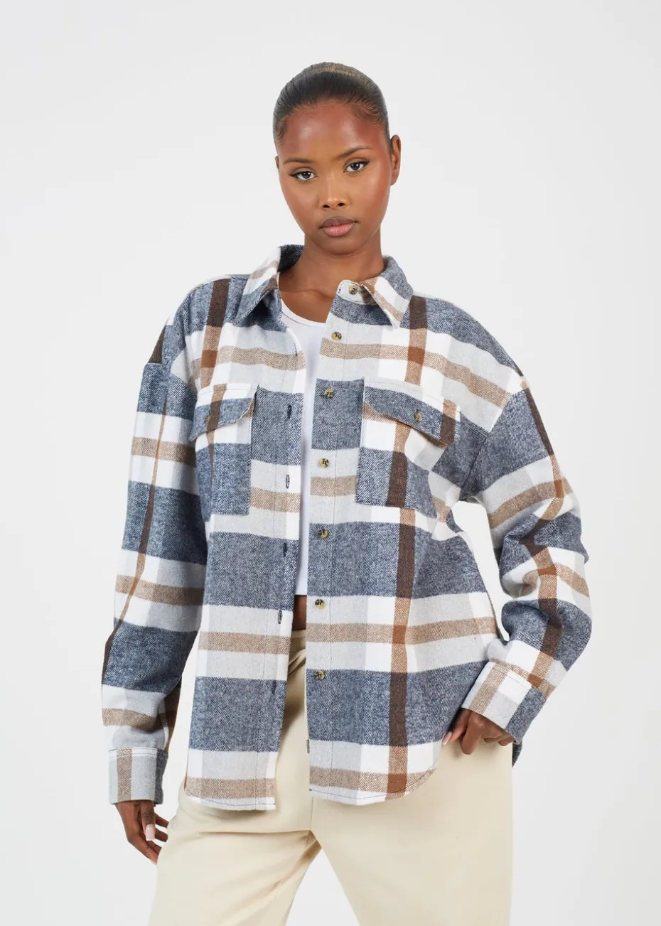 Brave Soul Brown Check Print Long Sleeve Fleece Shirt