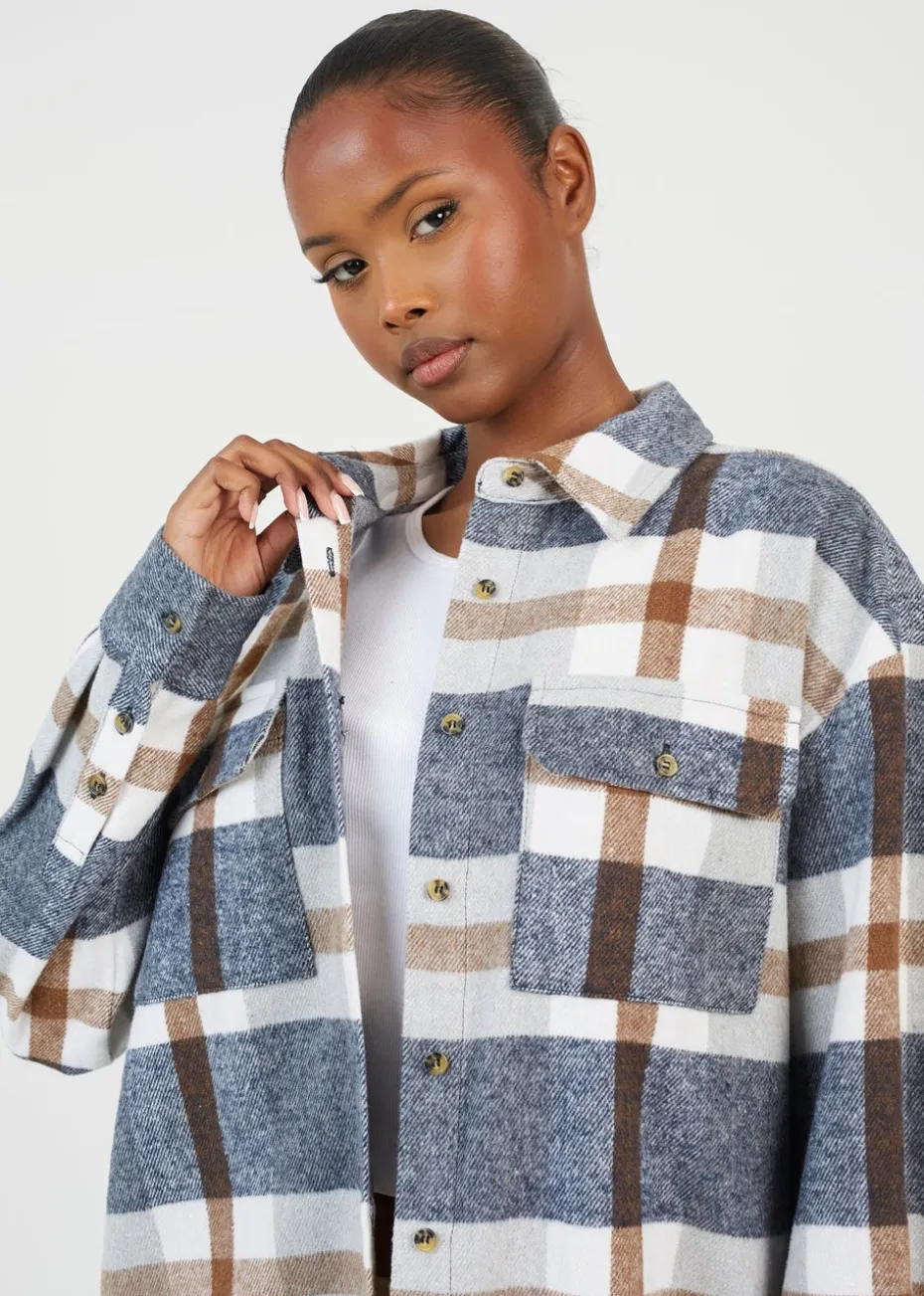 Brave Soul Brown Check Print Long Sleeve Fleece Shirt