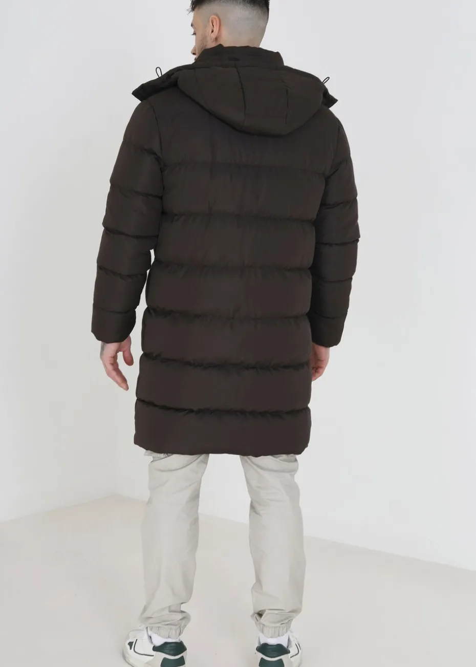 Brave Soul Brown Longline Hooded Padded Puffer Jacket