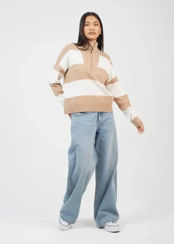Brave Soul Camel Striped Half Zip Knitted Jumper