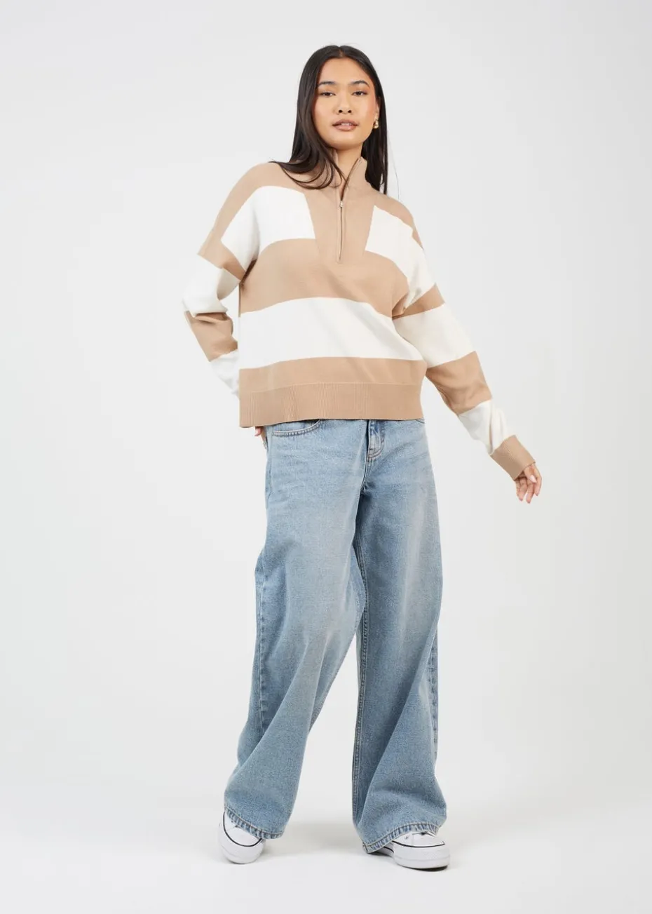 Brave Soul Camel Striped Half Zip Knitted Jumper