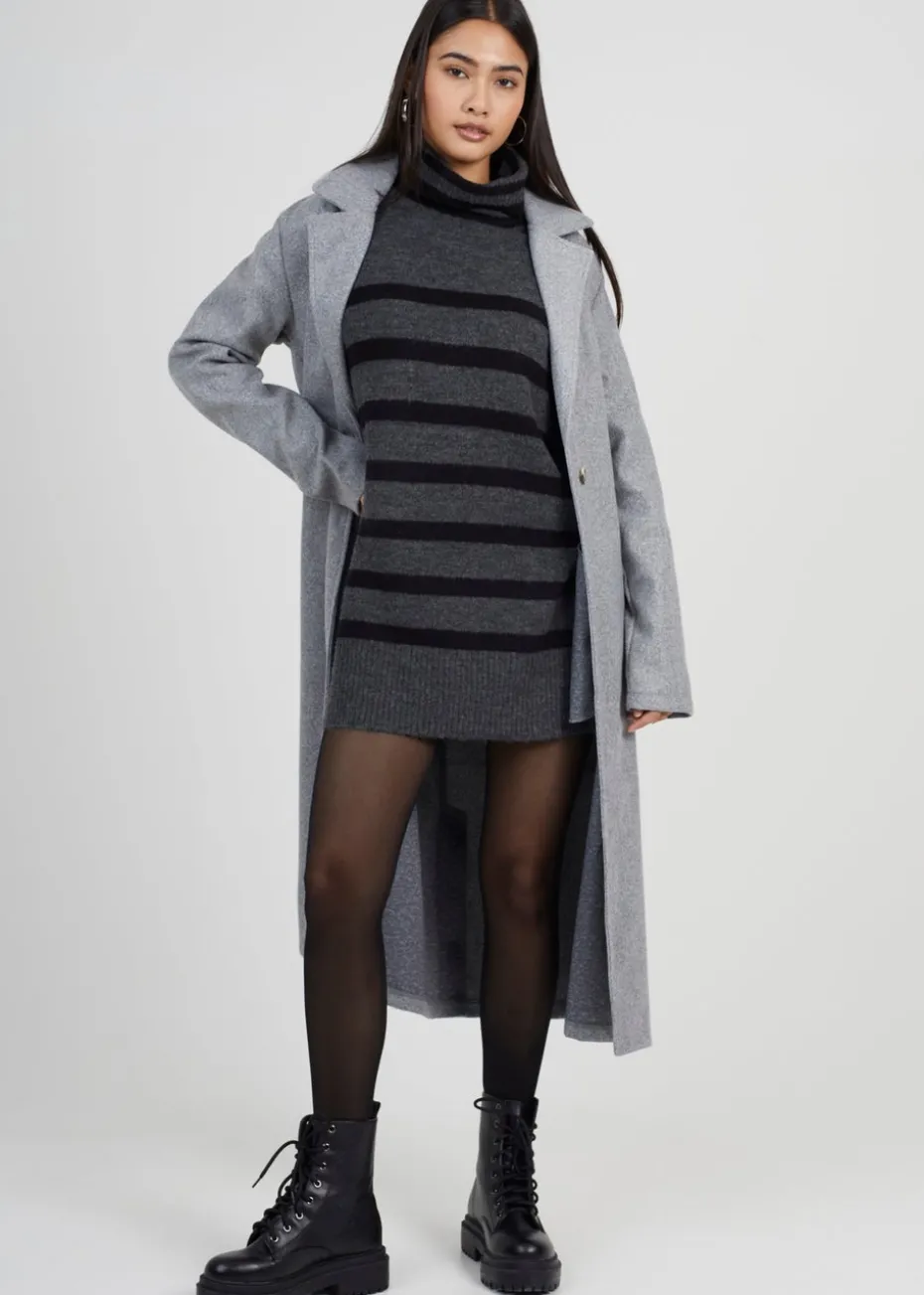Brave Soul Charcoal Oversized Striped Roll Neck Jumper