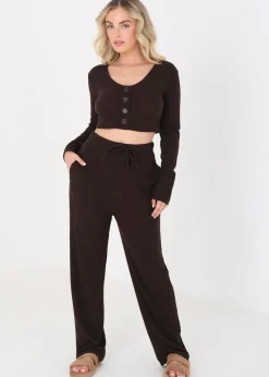 Brave Soul Chocolate Cropped Long Sleeve & Wide Leg Lounge Set