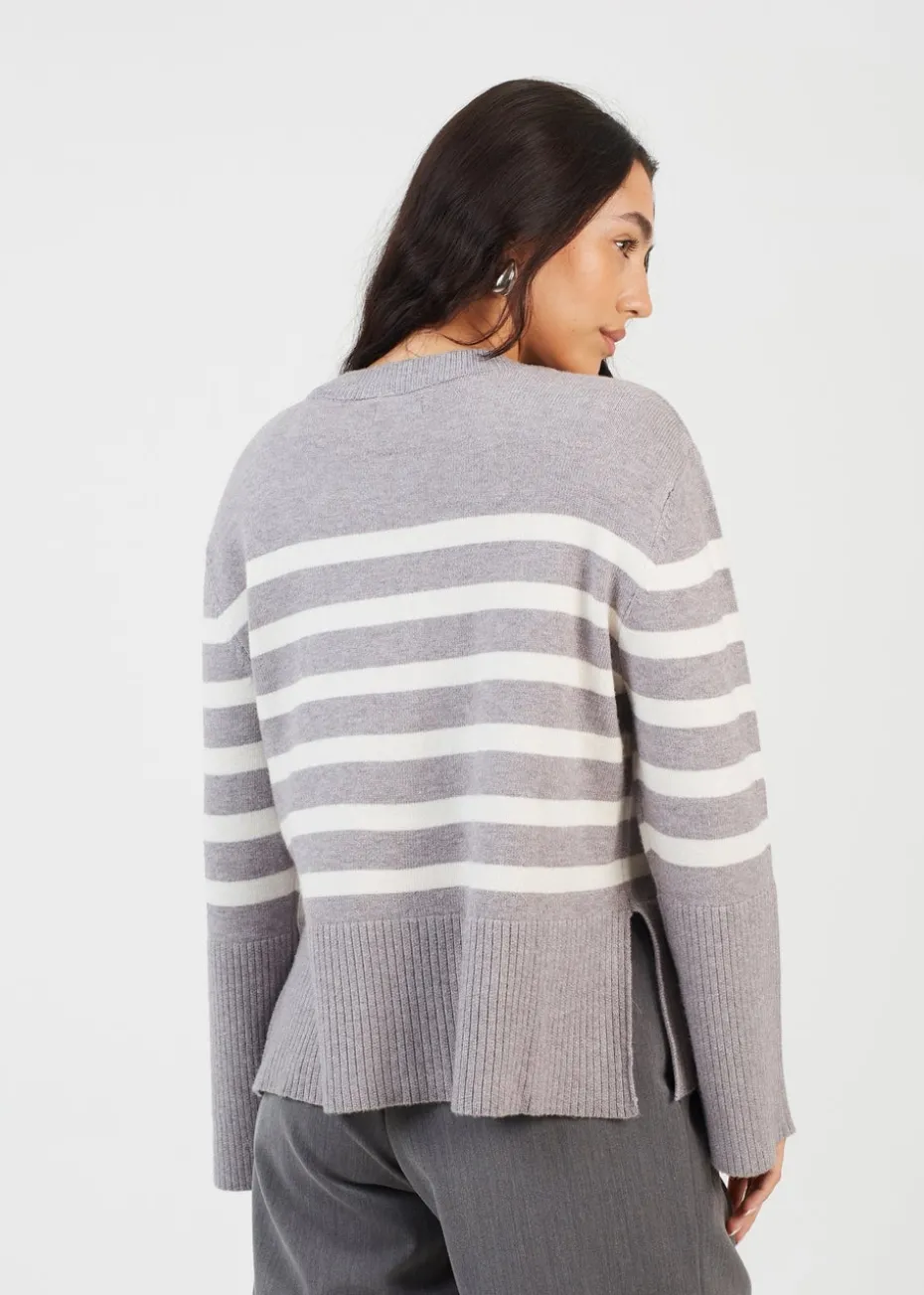 Brave Soul Grey Button Through V-neck Stripe Cardigan
