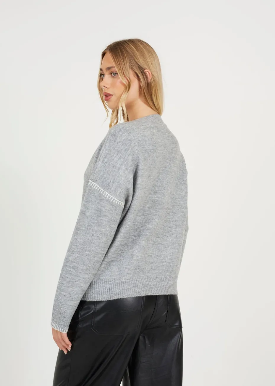 Brave Soul Grey Contrast Stitch Button Through V-neck Cardigan