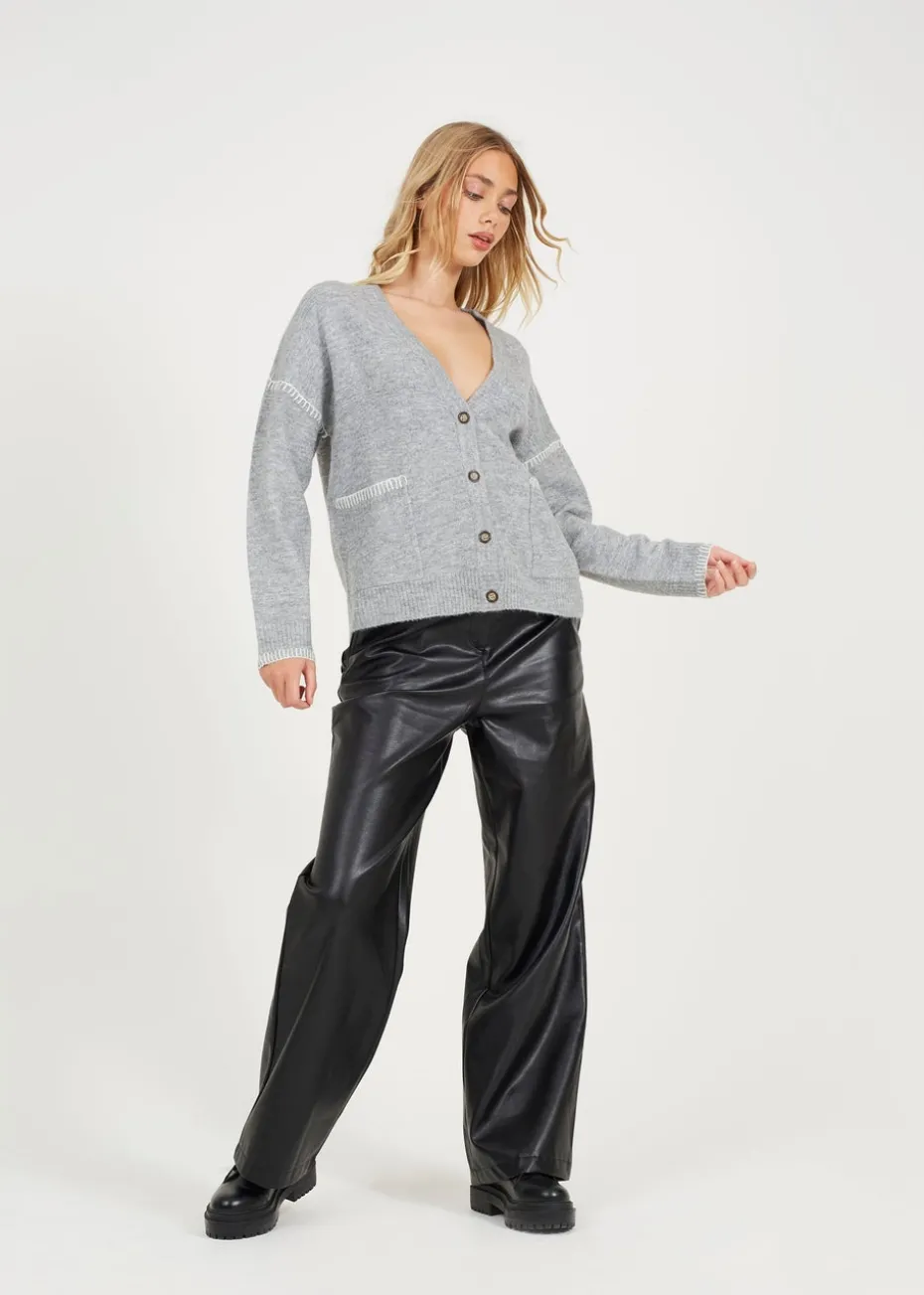 Brave Soul Grey Contrast Stitch Button Through V-neck Cardigan