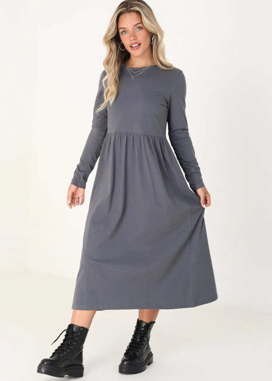 Brave Soul Grey Cotton Long Sleeve Midi Smock Dress