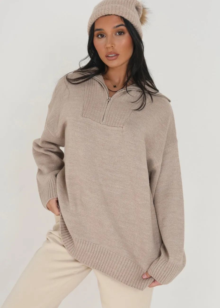 Brave Soul Stone Oversized Zip Collar Knitted Jumper