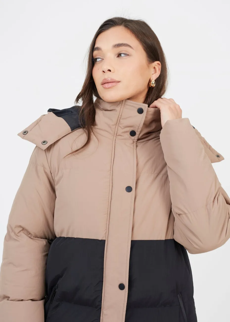 Brave Soul Tan Maxi Contrast Hooded Puffer Jacket