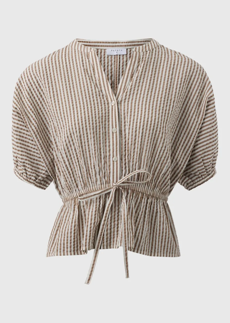 Brown Seersucker Stripe Co Ord Peplum Blouse