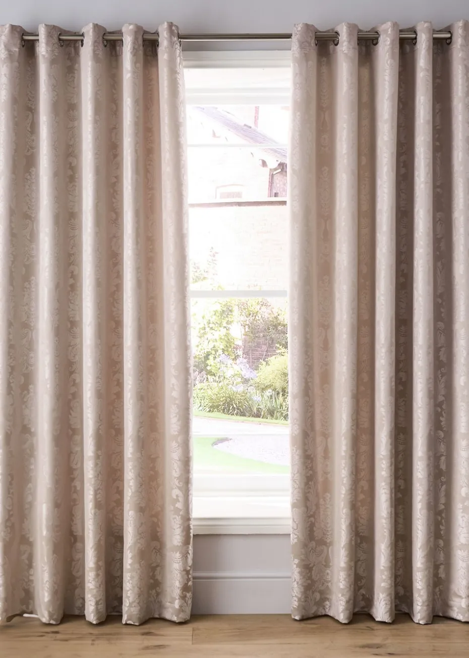 Catherine Lansfield Champagne Gold Damask Jacquard Lined Eyelet Curtains Two Panels